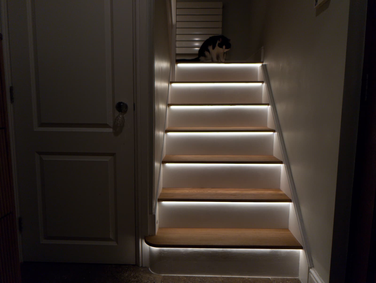 Illuminated oak staircase with LED under-tread lighting